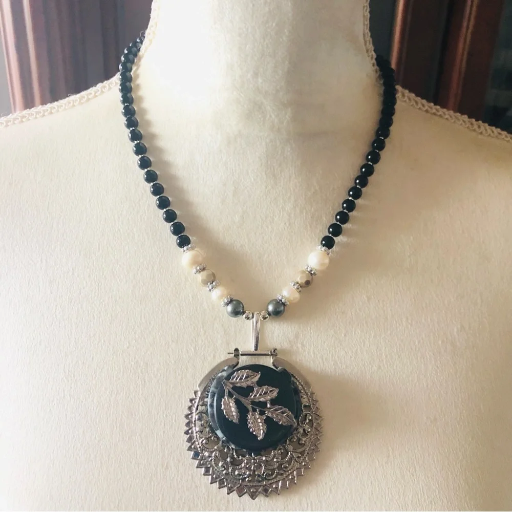 Handcrafted repurpose filigree leaf pendant Czech glass Pearl necklace